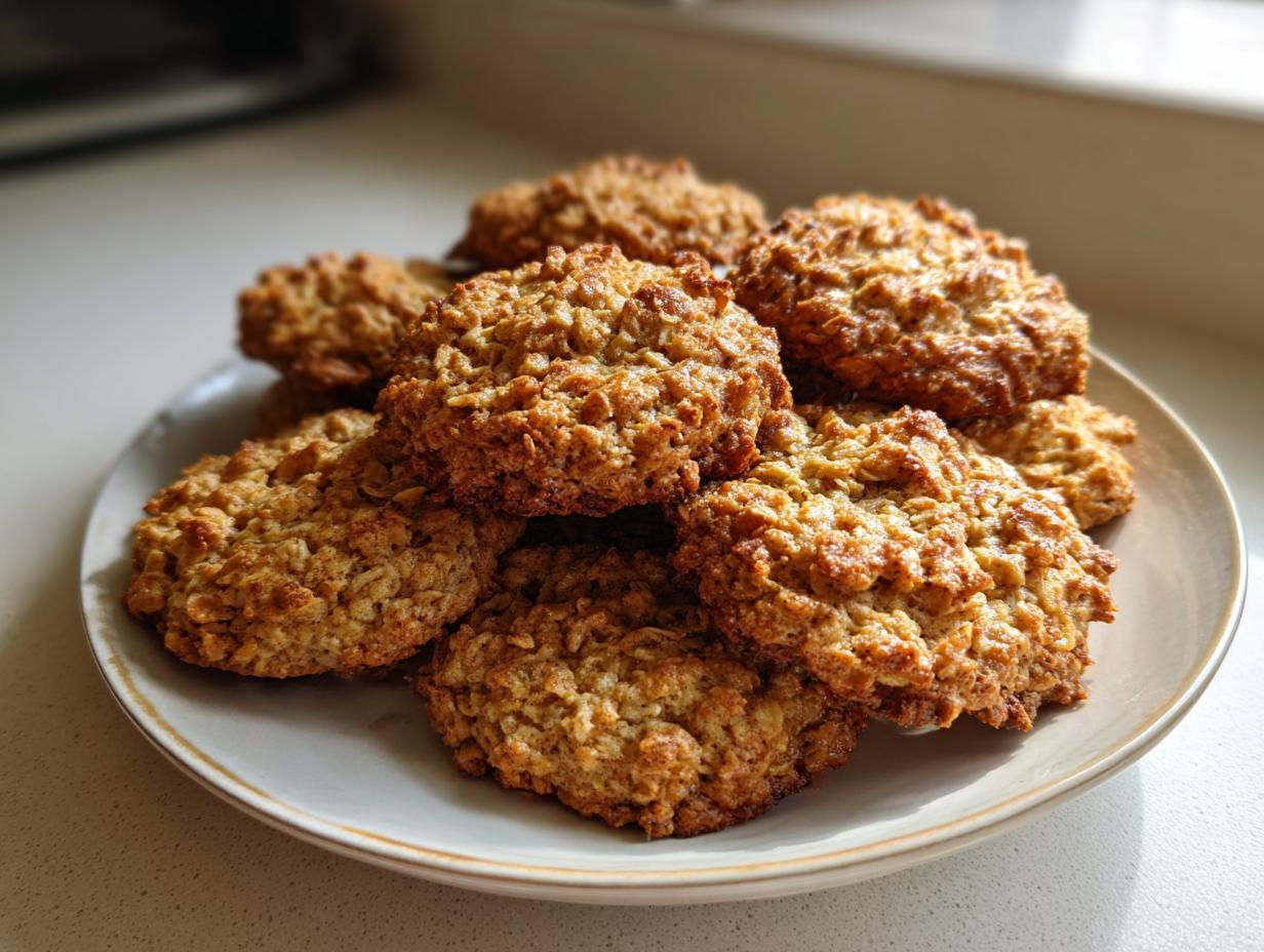 A plate piled high with freshly baked, golden brown banana oatmeal cookies, showing texture from the oats.