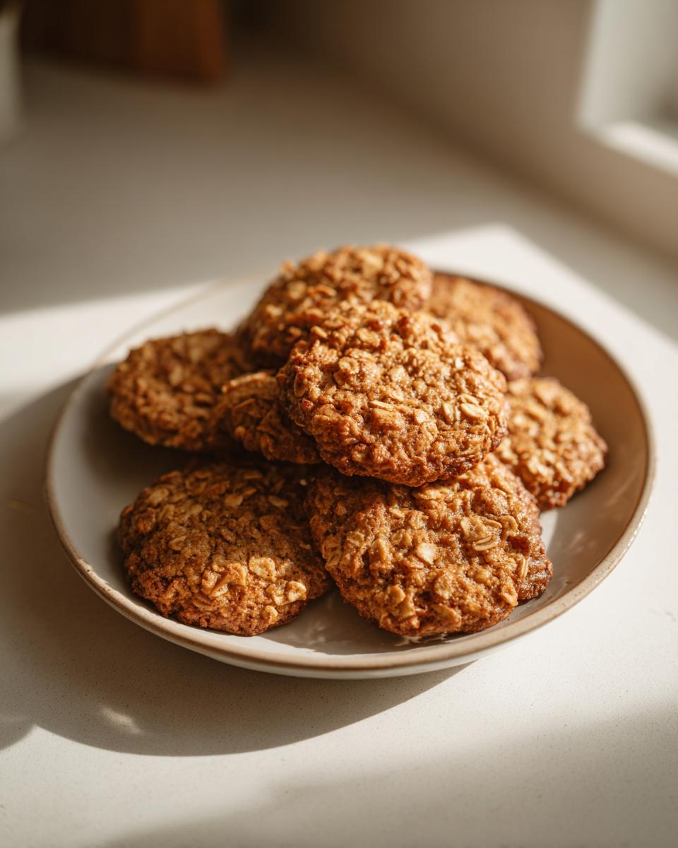 A stack of golden brown banana oatmeal cookies piled high on a light-colored ceramic plate, bathed in natural light.