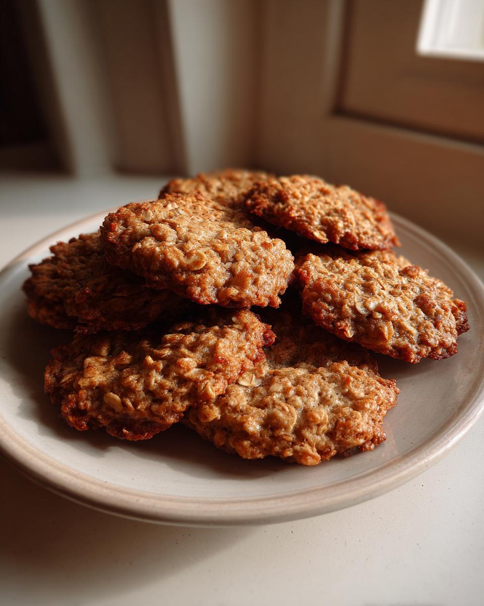 A stack of golden brown, textured banana oatmeal cookies piled on a light ceramic plate.