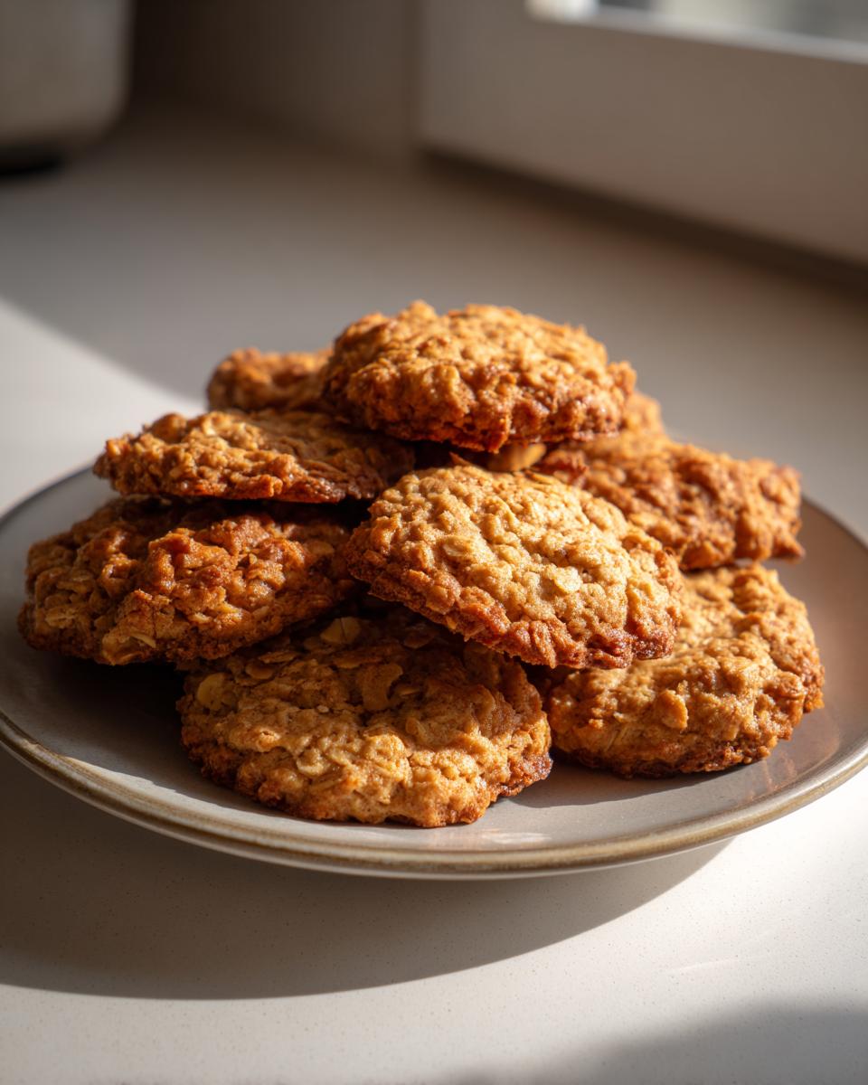 A stack of freshly baked, golden brown banana oatmeal cookies resting on a light grey plate.