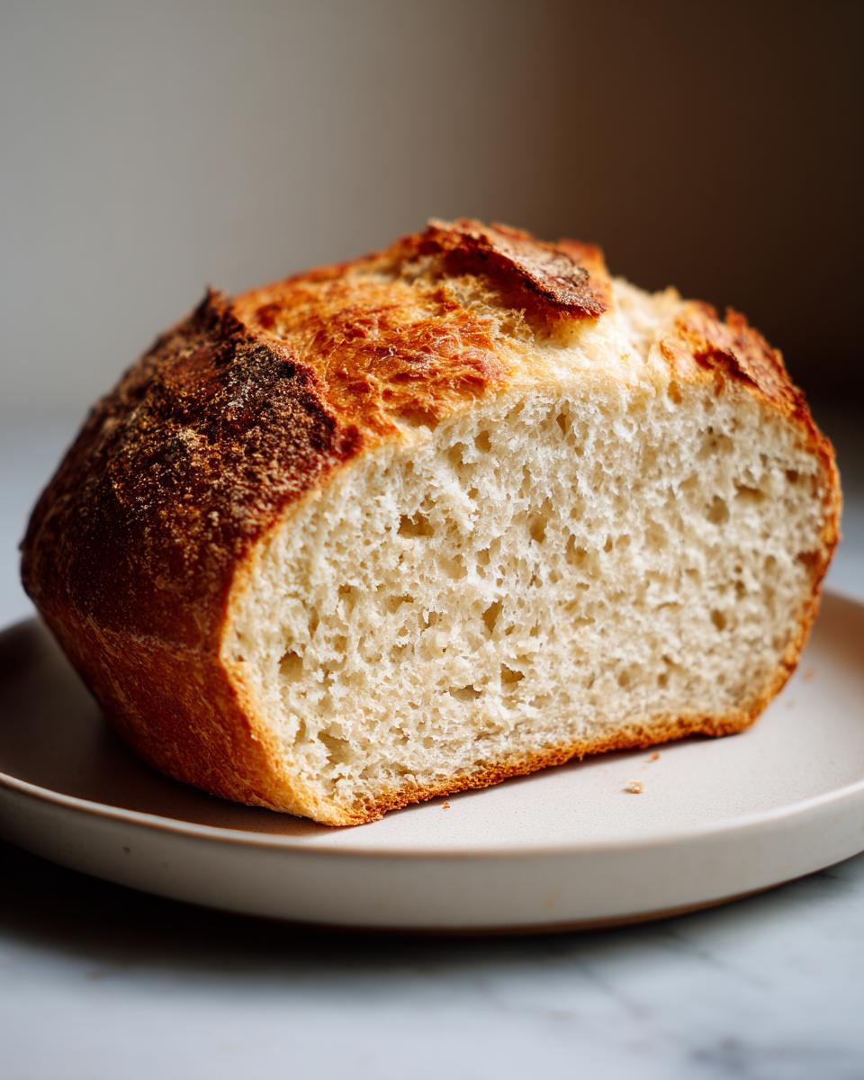 Close-up of a freshly baked beer bread loaf, cut open to show the soft, airy crumb and golden-brown crust.