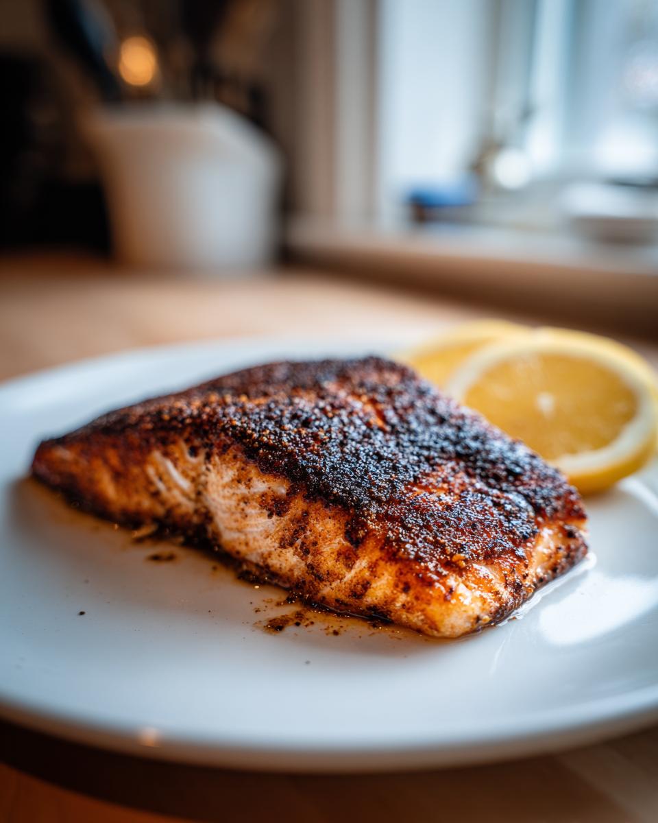 A close-up of a perfectly cooked blackened salmon fillet served on a white plate with a slice of lemon.