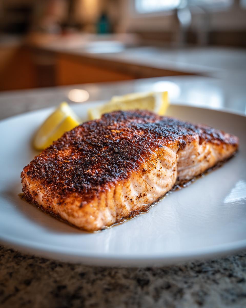 Close-up of a perfectly seasoned blackened salmon fillet served on a white plate with lemon wedges.
