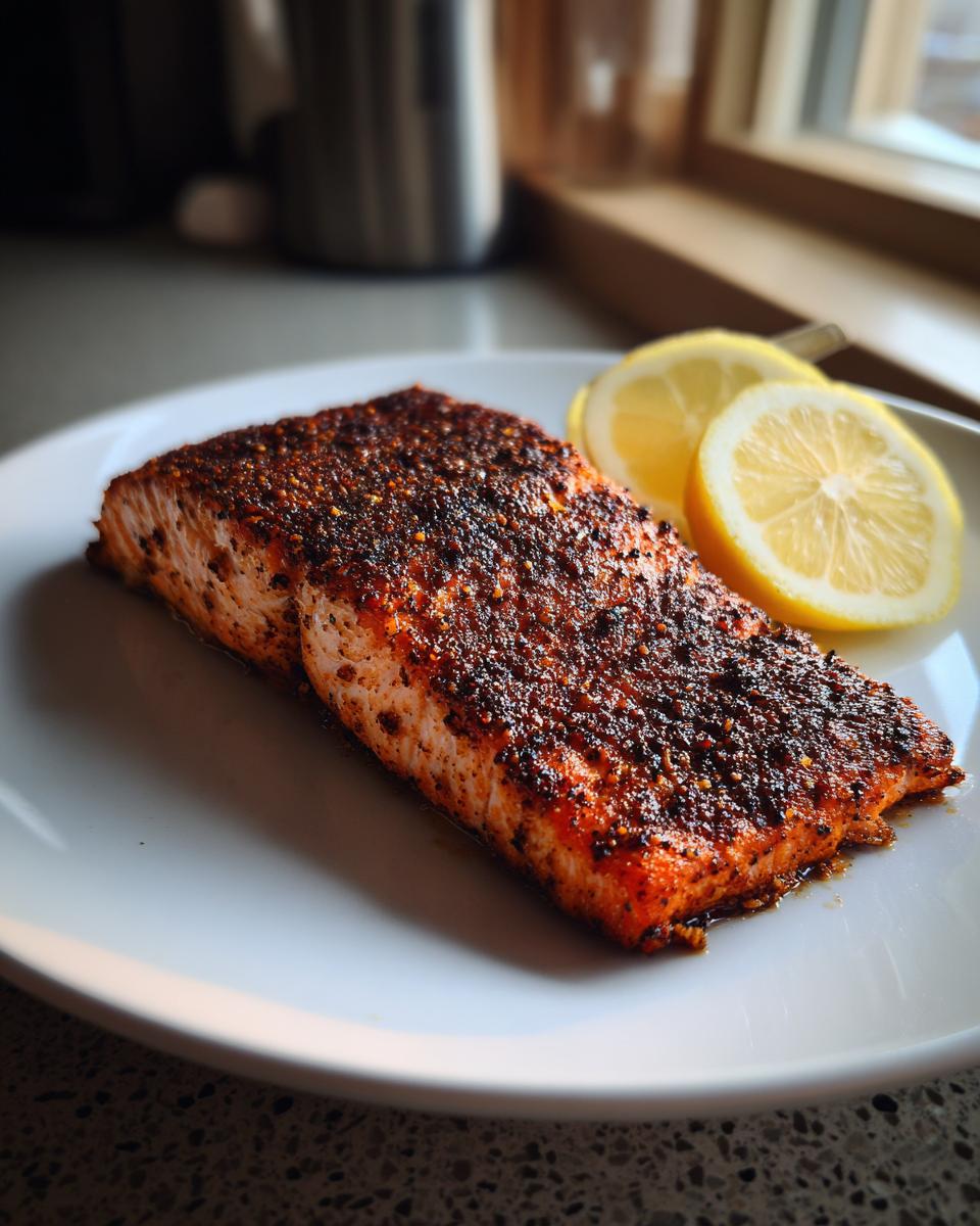 A perfectly cooked piece of blackened salmon seasoned with dark spices, served on a white plate with two lemon slices.