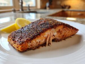 A close-up of a perfectly cooked blackened salmon fillet served on a white plate with lemon wedges.