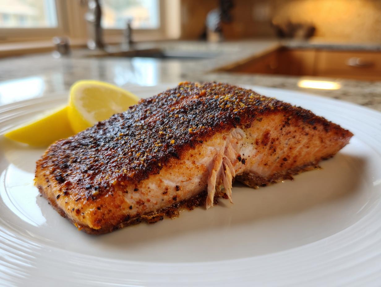 A close-up of a perfectly cooked blackened salmon fillet served on a white plate with lemon wedges.