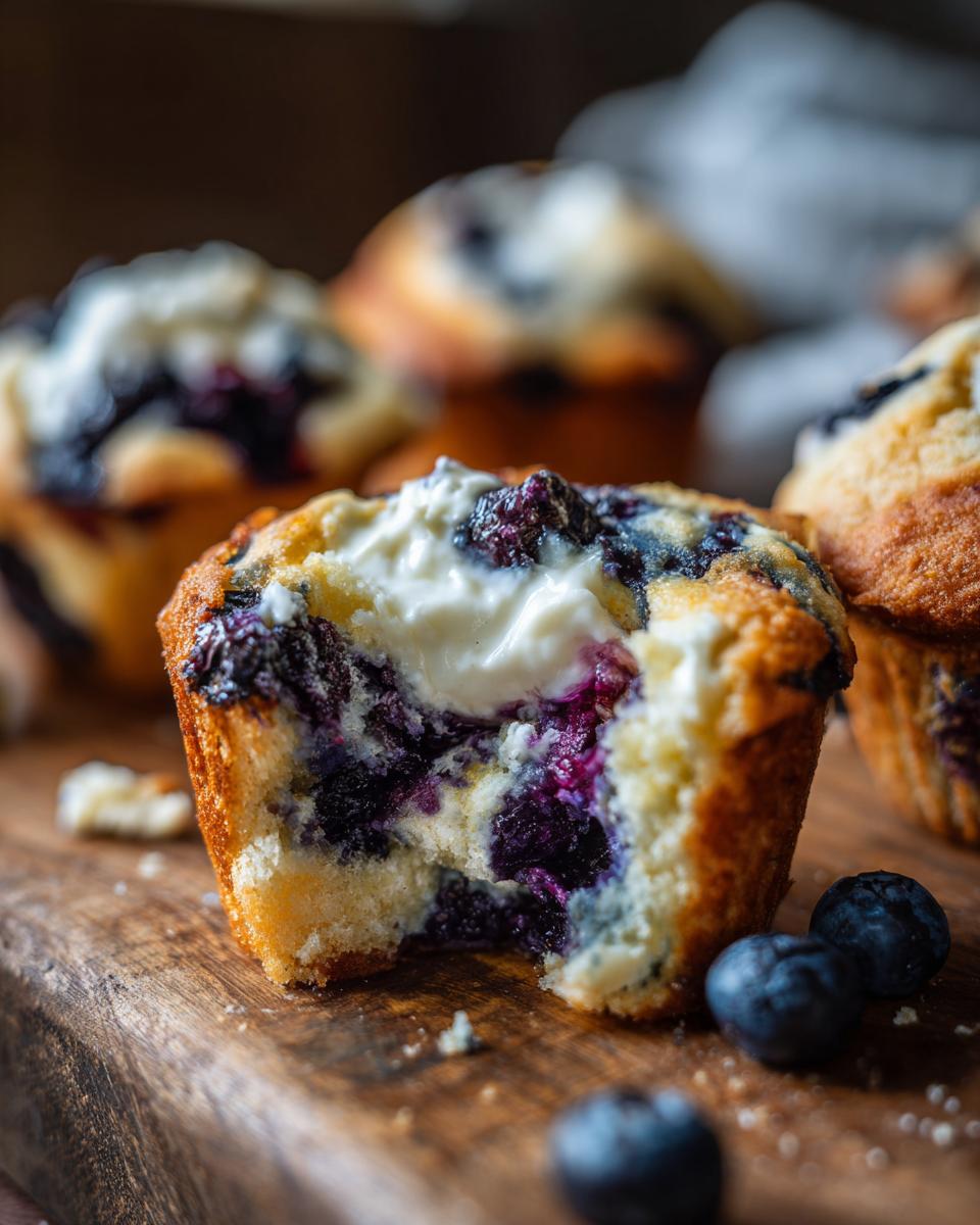 Close-up of a blueberry cream cheese muffins with a bite taken out, revealing the creamy center and juicy blueberries.