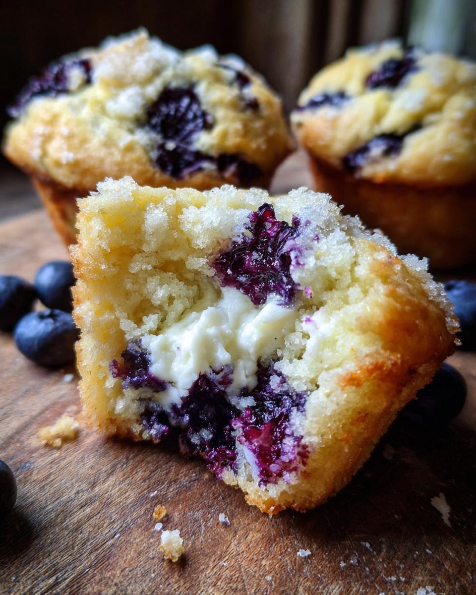 Close-up of a blueberry cream cheese muffin cut in half showing the creamy center and juicy berries.