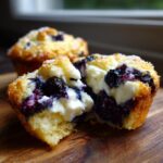 Close-up of a blueberry cream cheese muffins cut in half showing the creamy filling and fruit.
