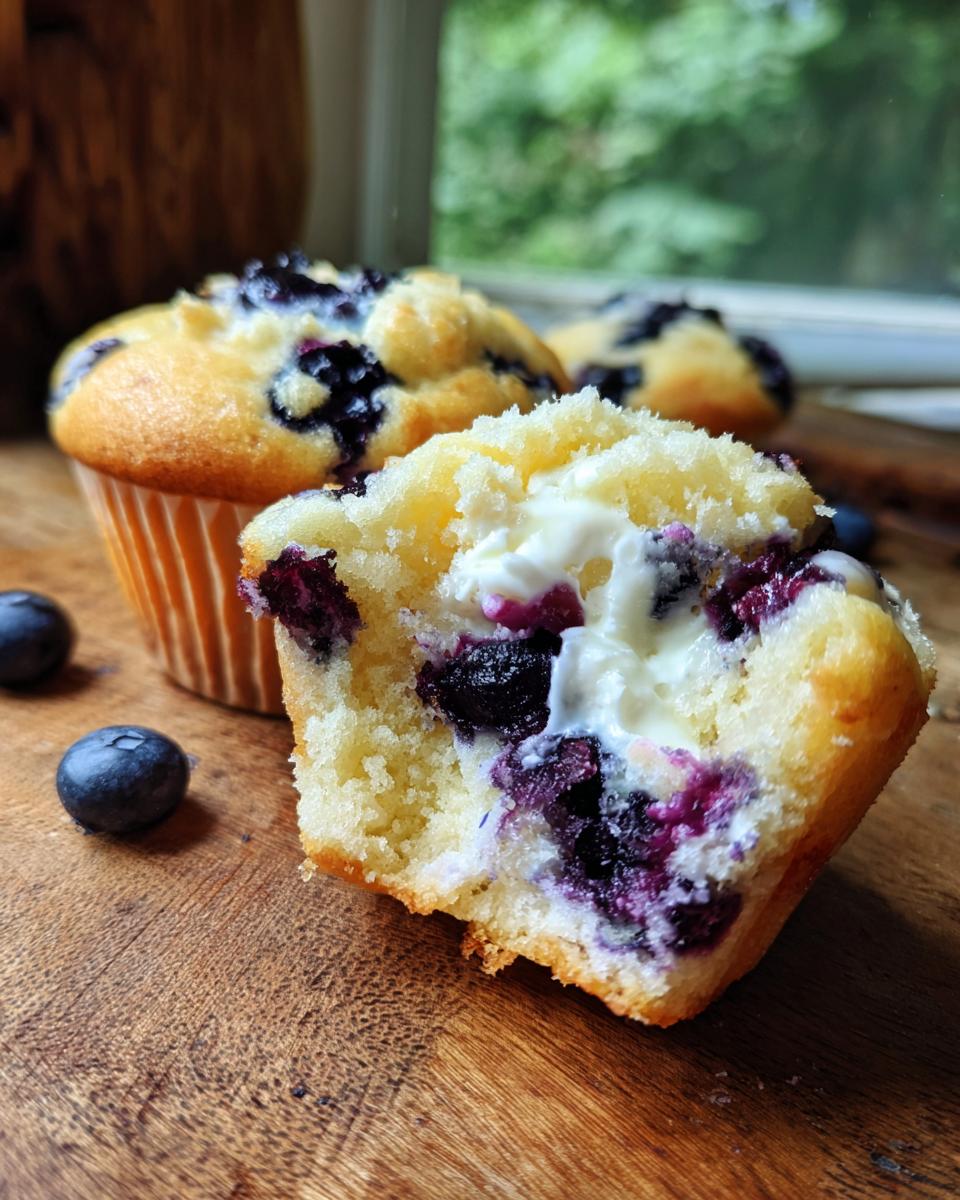 Close-up of a blueberry cream cheese muffin cut in half showing the soft interior and cream cheese filling. Perfect cream cheese muffins.