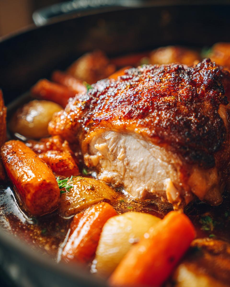 Close-up of a juicy braised chicken thighs piece with crispy skin, surrounded by glazed carrots and onions in rich sauce.