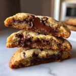 Three halves of brown butter chocolate chip cookies stacked, showing gooey, melted chocolate centers.