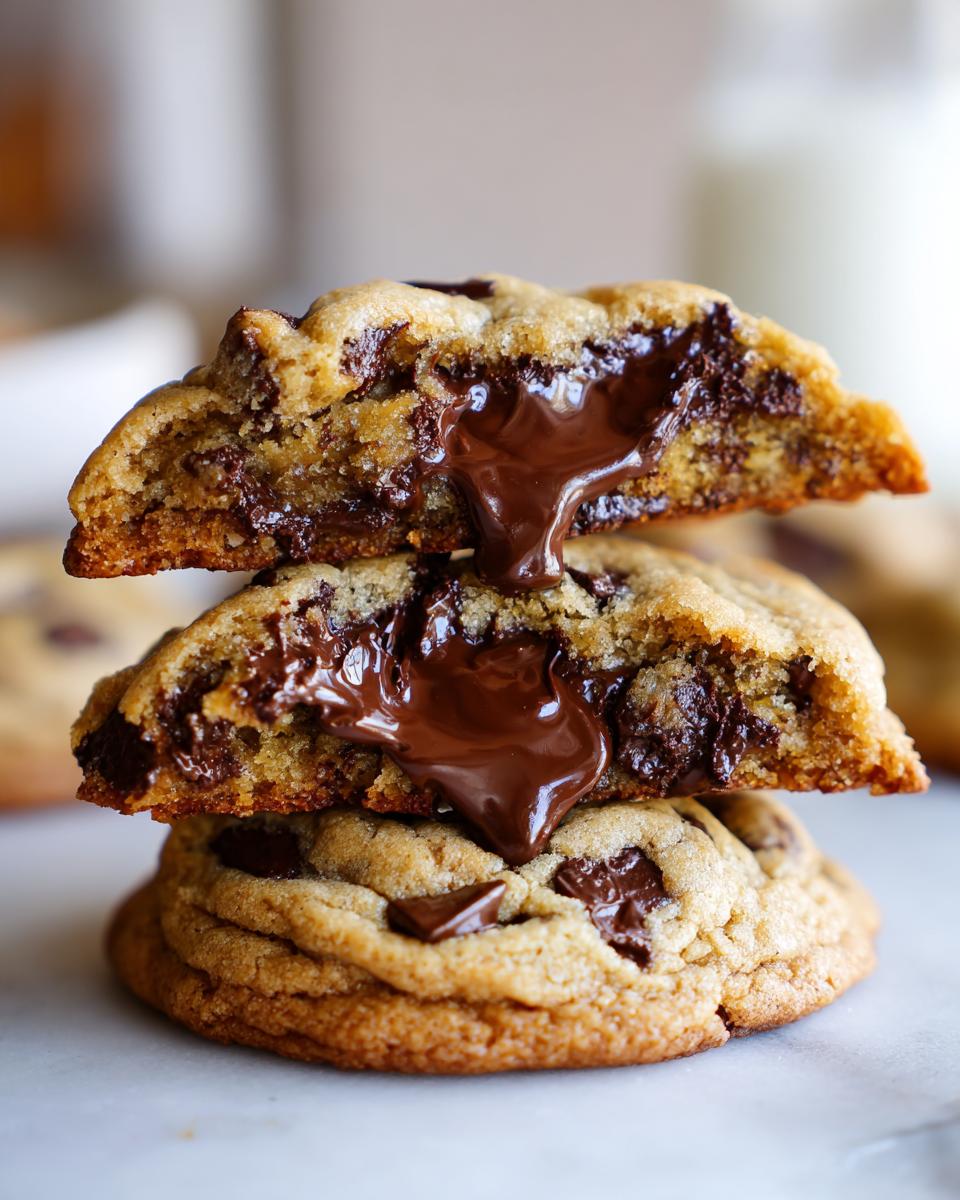 Stack of three brown butter chocolate chip cookies, with the top two broken open revealing gooey, melted chocolate.