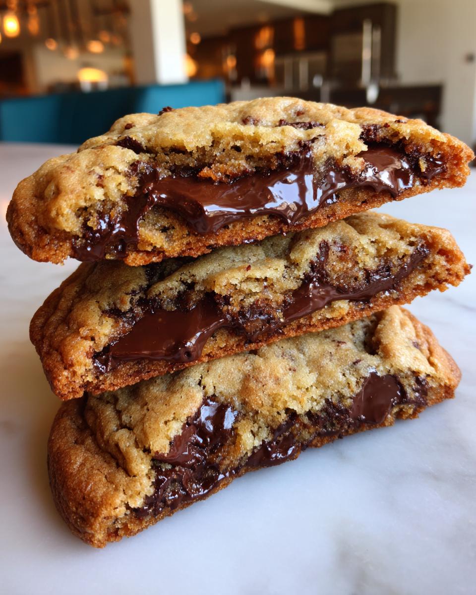 Three halves of brown butter chocolate chip cookies stacked, showing gooey, melted chocolate centers.