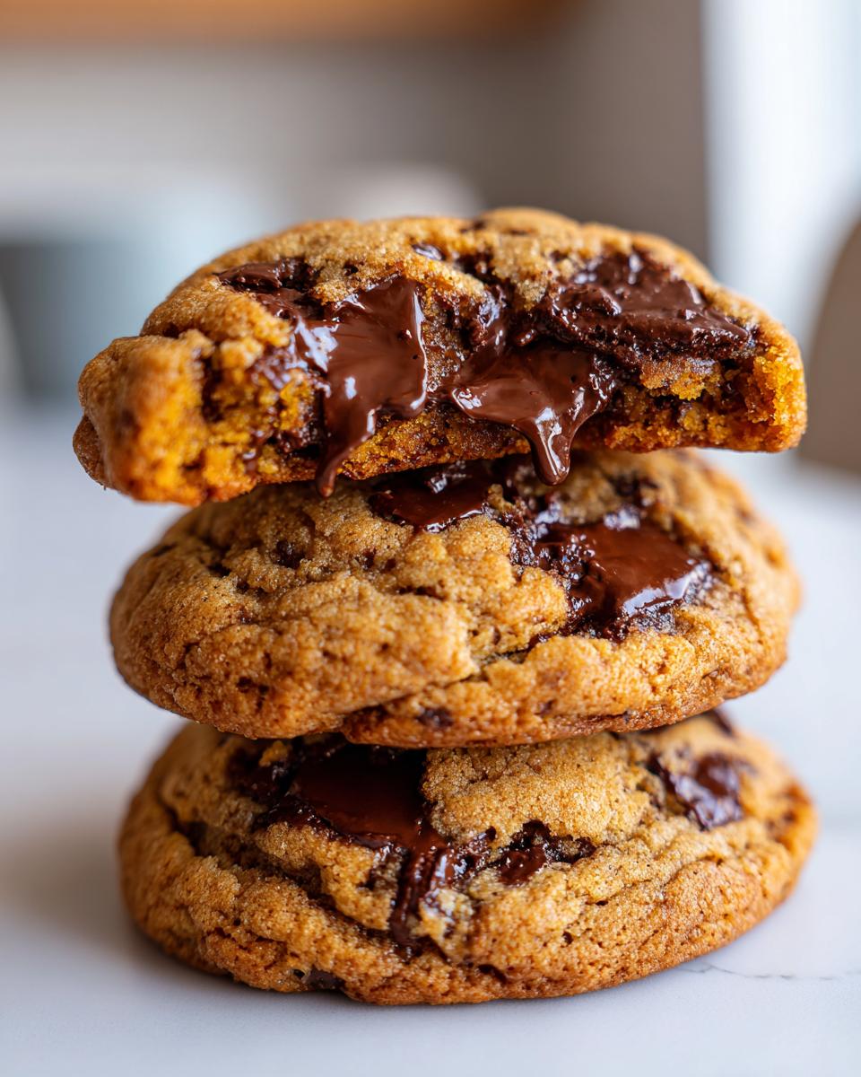 A stack of three brown butter chocolate chip cookies, with the top cookie broken to show gooey, melted chocolate.