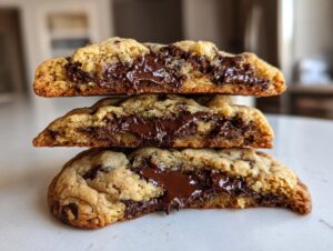 Three halves of brown butter chocolate chip cookies stacked, showing gooey, melted chocolate centers.