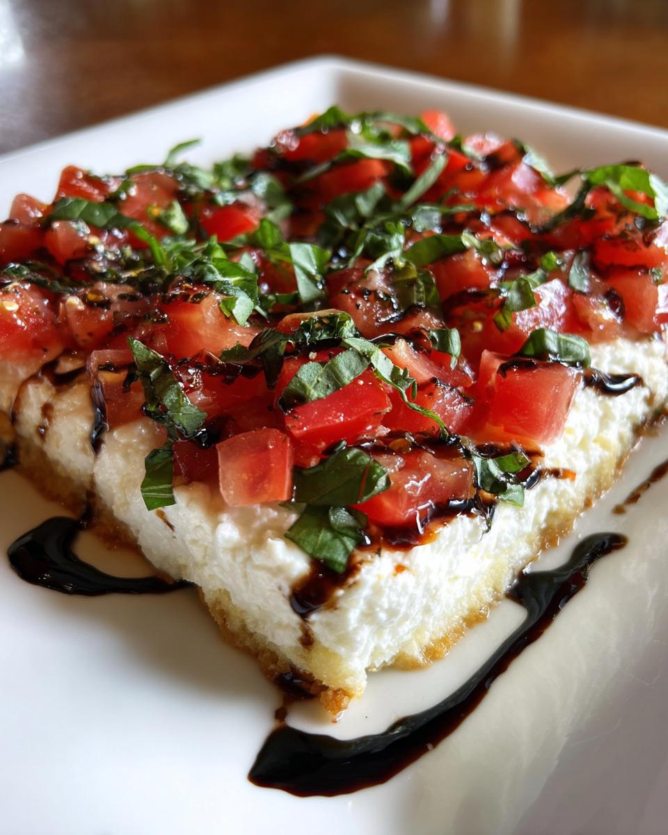 A close-up serving of the amazing 15-minute bruschetta dip, featuring creamy cheese topped with diced tomatoes, fresh basil, and balsamic glaze.