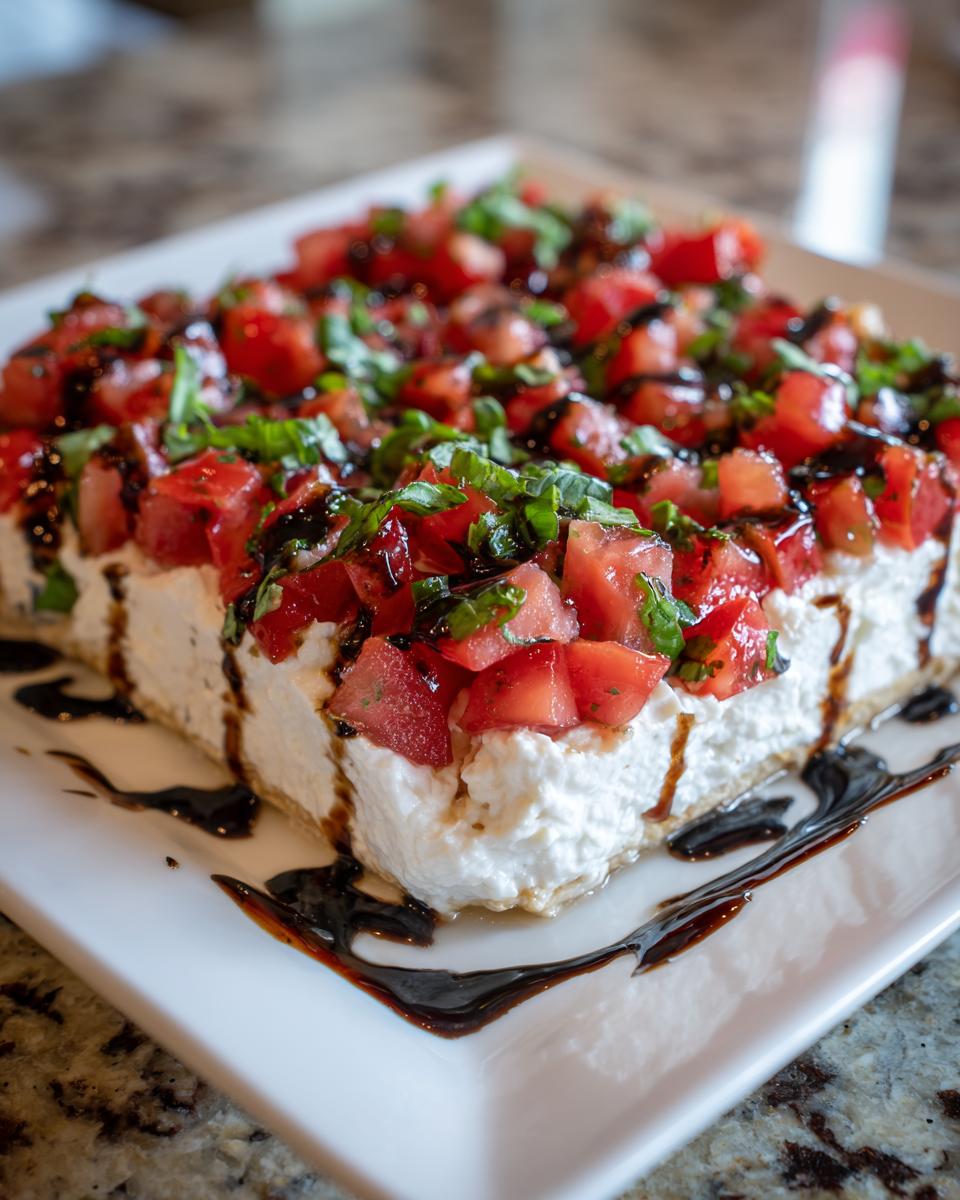 A square serving of creamy bruschetta dip topped with diced tomatoes, fresh basil, and balsamic glaze.