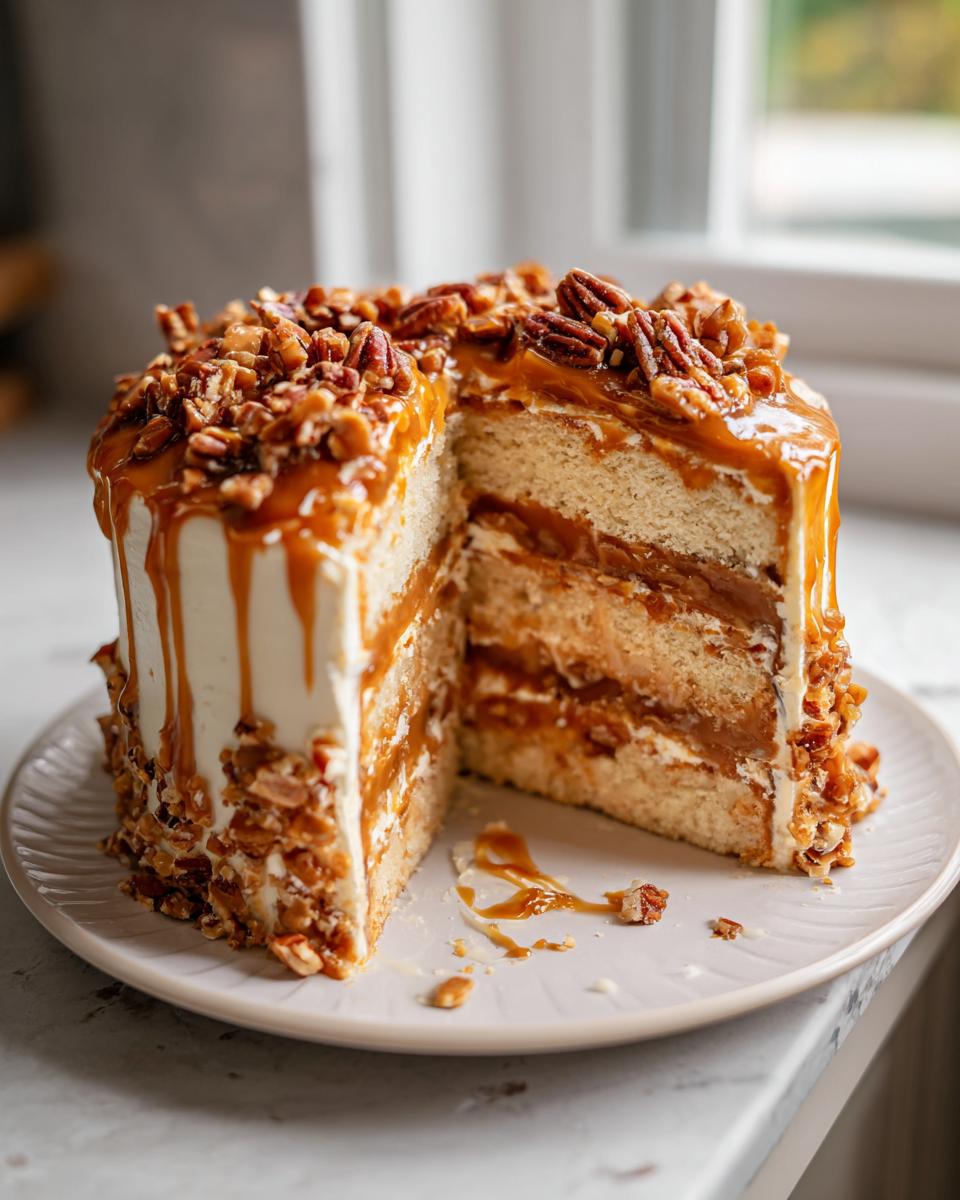 A tall slice removed from a caramel crunch cake showing layers of cake, caramel filling, white frosting, and pecan topping.