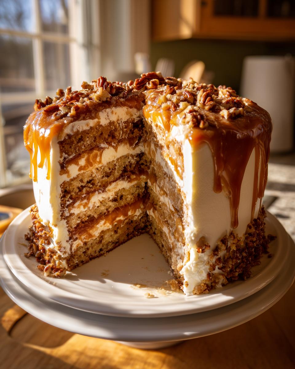 A decadent, multi-layered caramel crunch cake with a slice removed, showing rich caramel filling and topped with pecans and dripping caramel glaze.