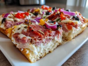 A close-up slice of baked hoagie dip loaded with melted cheese, meats, onions, and olives served on a white rectangular plate.