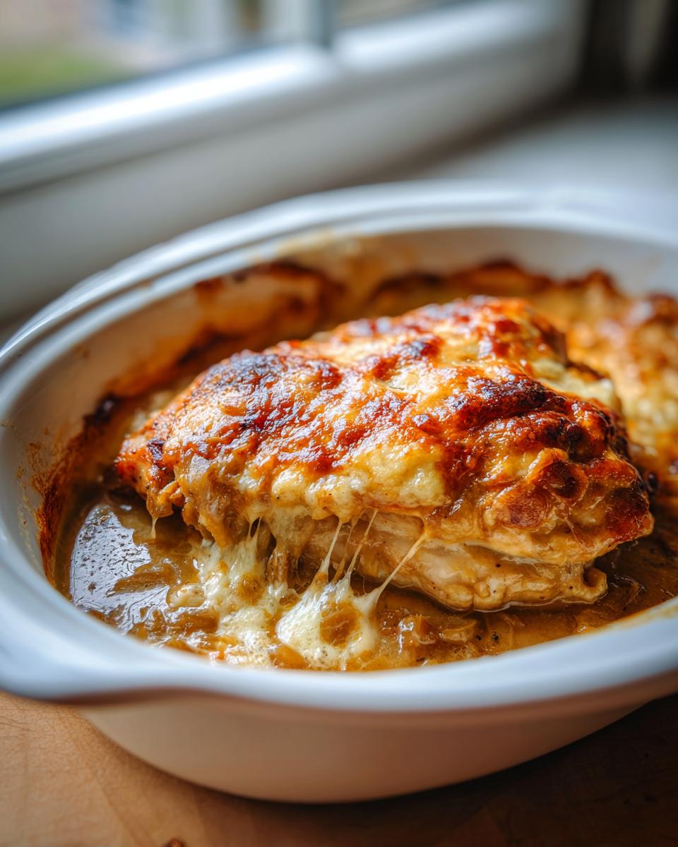 Close-up of baked french onion chicken topped with melted, browned cheese oozing over the savory onion sauce.