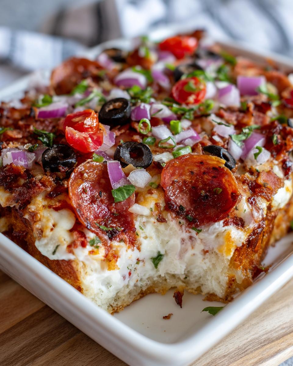 Close-up of a serving of hot hoagie dip topped with pepperoni, olives, red onion, and tomatoes, with a bite taken out.