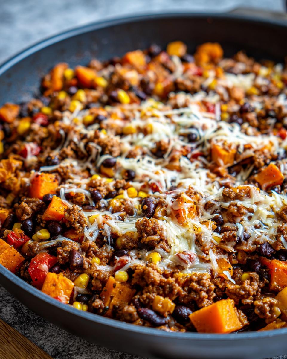 Close-up of a savory sweet potato skillet mixture topped with melted cheese, featuring ground meat, black beans, and corn.