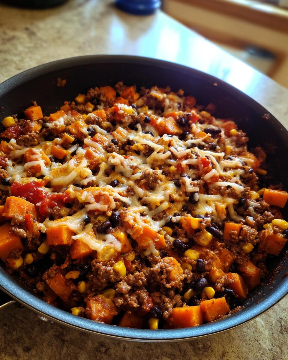 Close-up of a savory sweet potato skillet mixture topped with melted cheese, featuring ground meat, black beans, and corn.