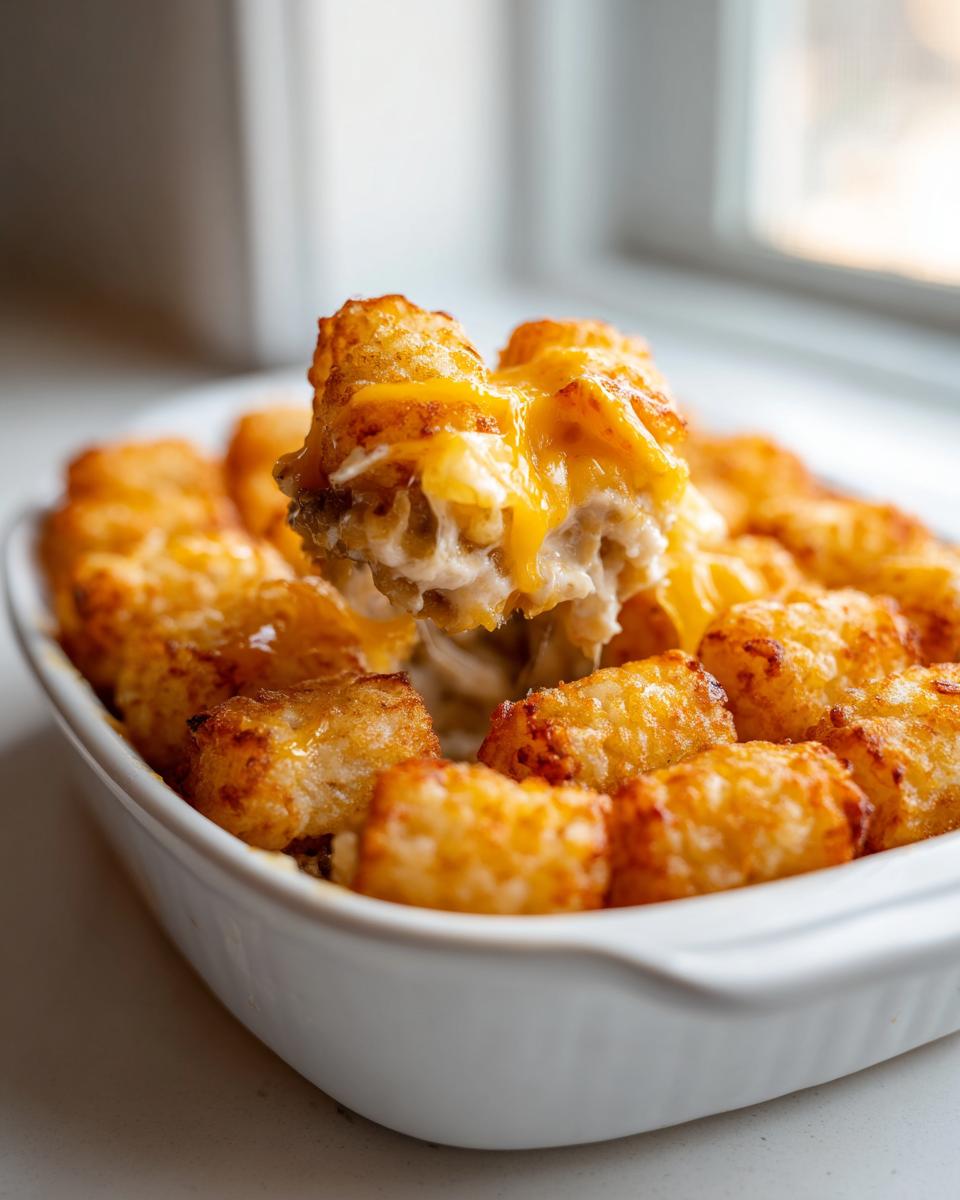 A spoonful of creamy, cheesy tater tot casserole being lifted from a white baking dish.