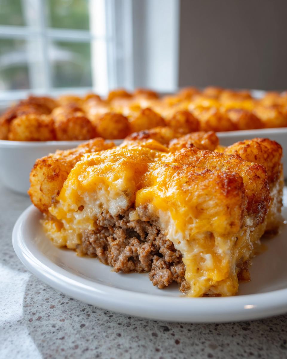 A serving of tater tot casserole showing layers of ground beef, creamy sauce, and crispy tater tots topped with melted cheddar cheese.
