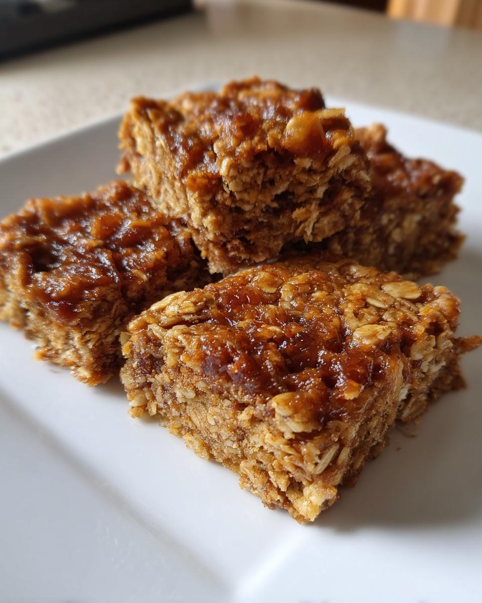 Three square, chewy oatmeal bars with a glossy, caramelized topping stacked on a white plate.
