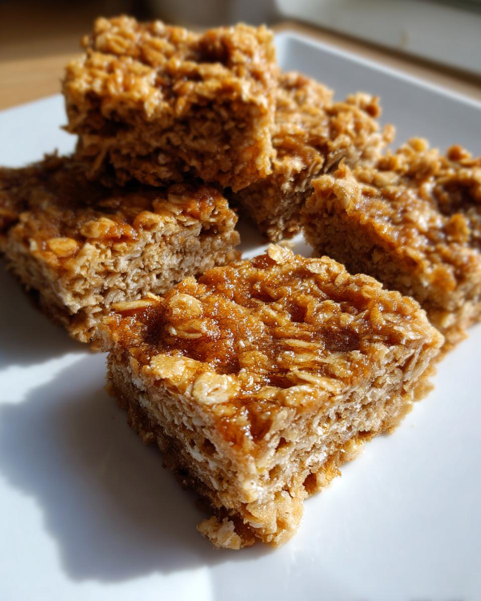 Close-up of several golden, chewy oatmeal bars stacked slightly on a bright white plate.