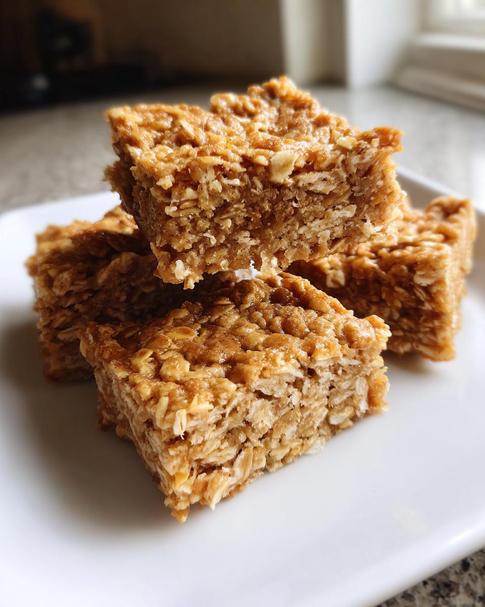A stack of four chewy, golden brown oatmeal bars made with rolled oats, resting on a white plate.