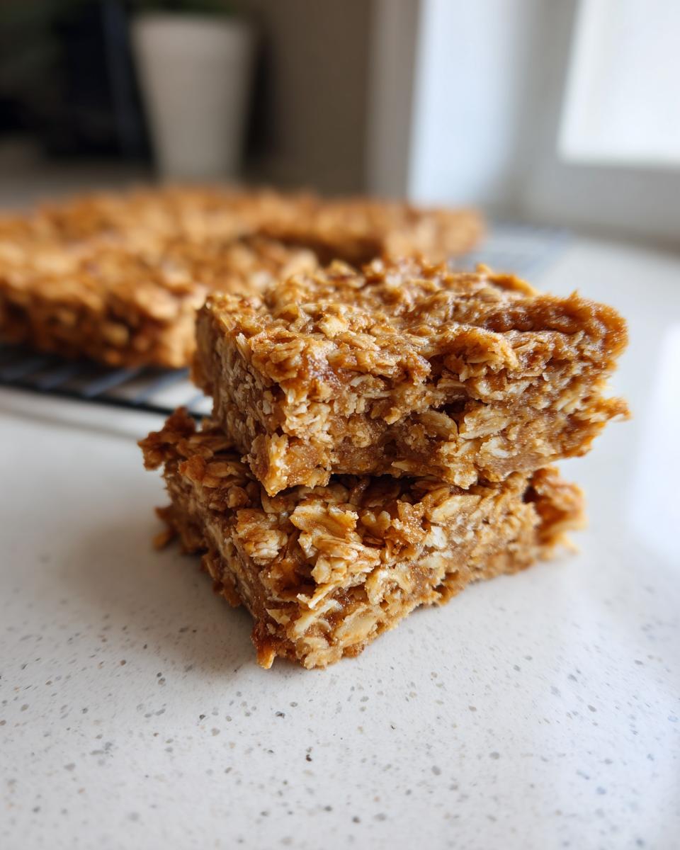 Two square, chewy oatmeal bars stacked on a light countertop with the rest of the batch blurred in the background.