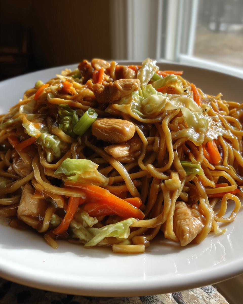 A generous serving of homemade chicken chow mein recipe featuring noodles, chicken pieces, cabbage, and carrots on a white plate.