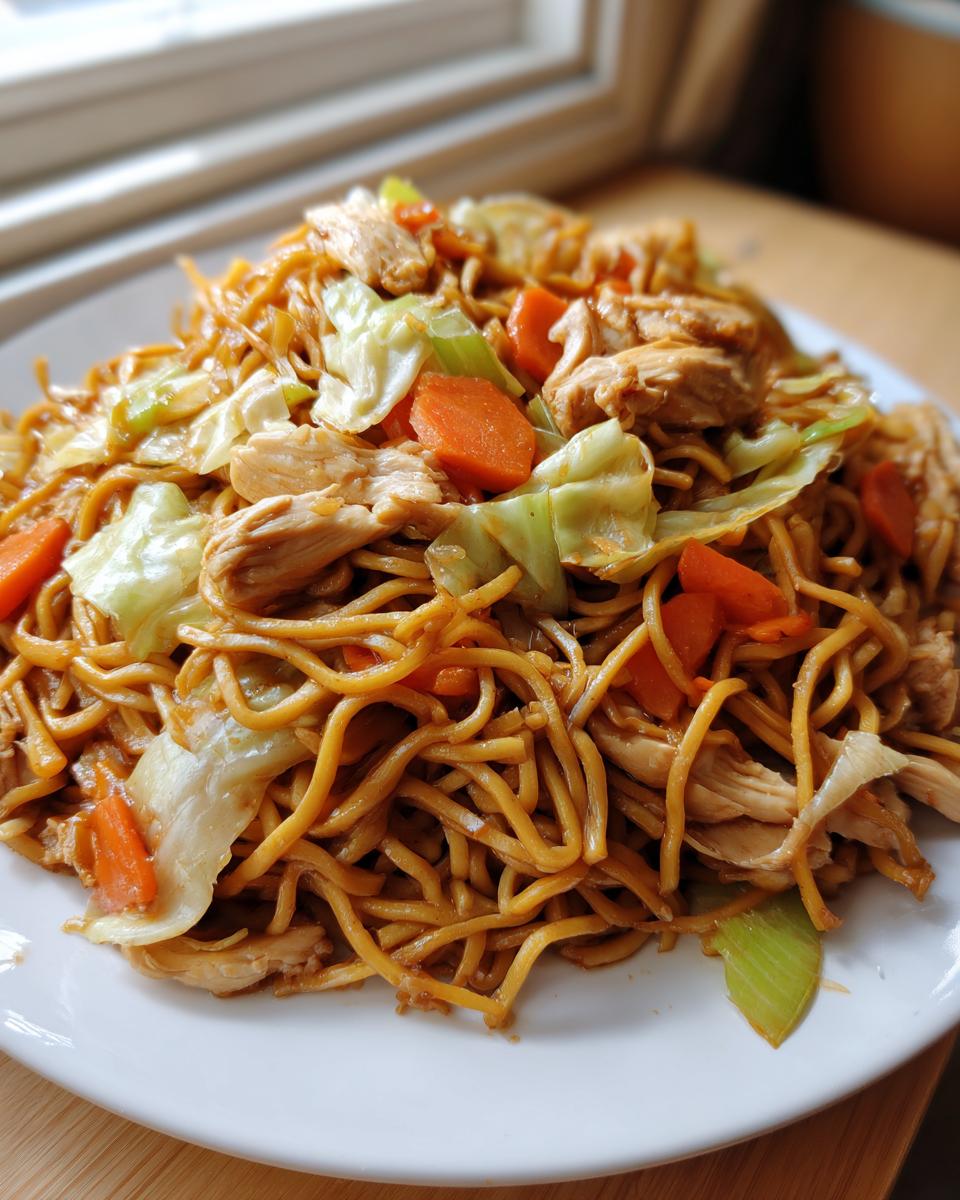 A close-up of a white plate piled high with delicious chicken chow mein recipe, featuring noodles, shredded chicken, cabbage, and carrots.