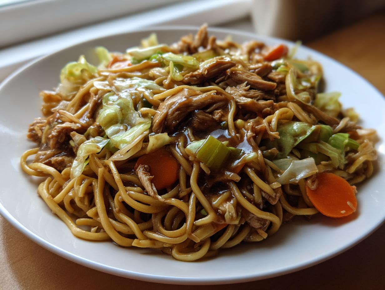 A close-up of a generous serving of homemade chicken chow mein recipe with noodles, shredded chicken, cabbage, and carrots.