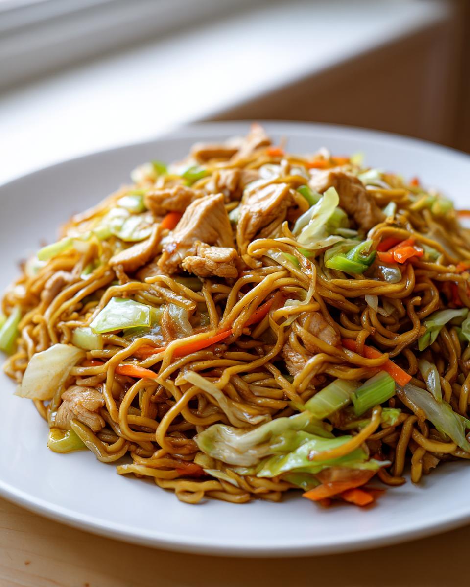 A close-up of a plate piled high with homemade chicken chow mein recipe, featuring noodles, chicken pieces, and crisp vegetables.