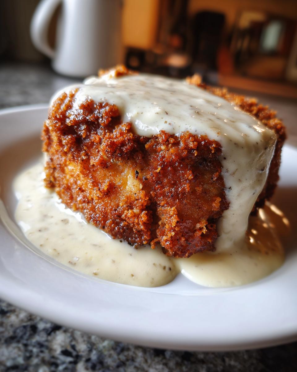 A close-up of a thick, crispy chicken fried steak smothered in creamy, peppered white gravy.
