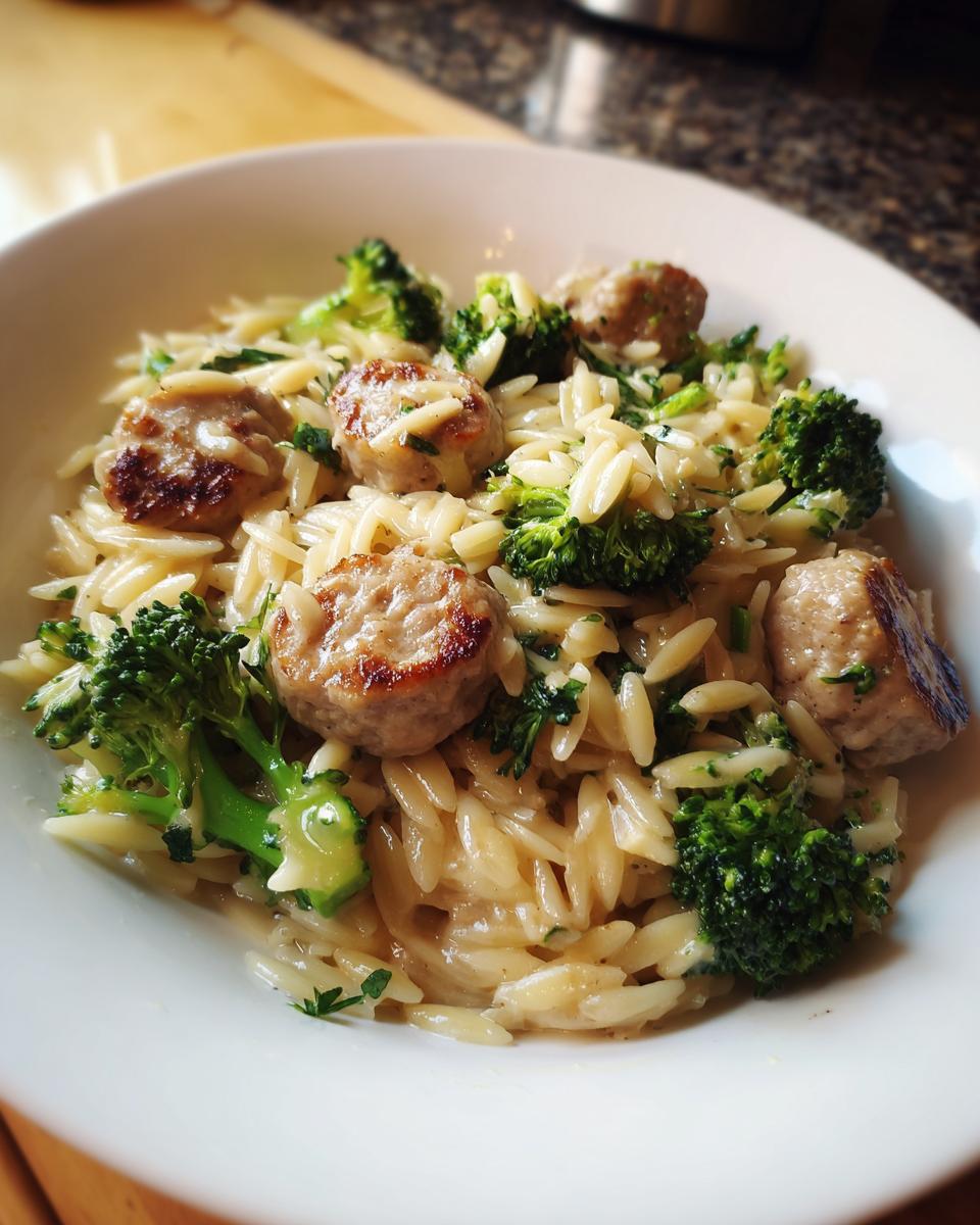 Close-up of a white bowl filled with creamy chicken sausage and broccoli orzo pasta.