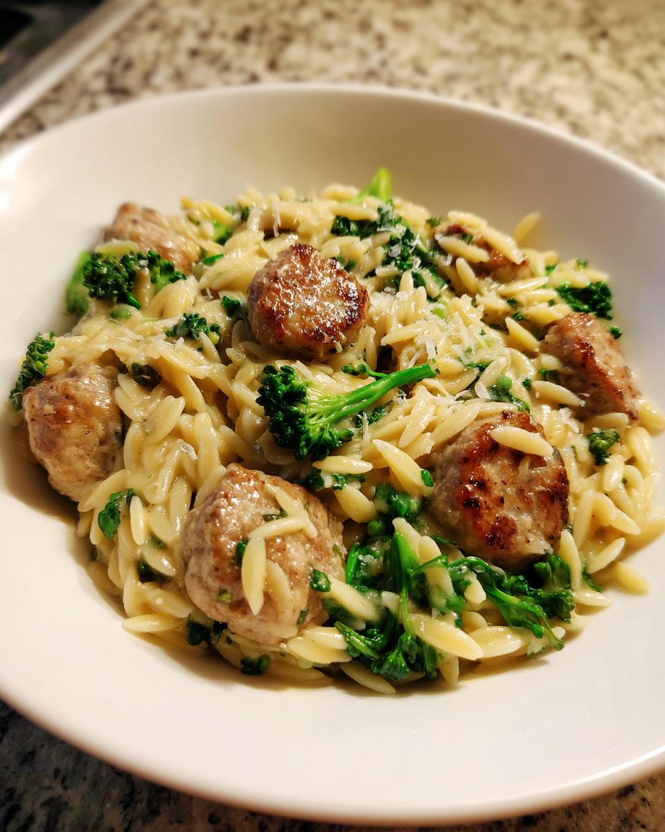 A white bowl filled with creamy chicken sausage and broccoli orzo, topped with grated cheese.