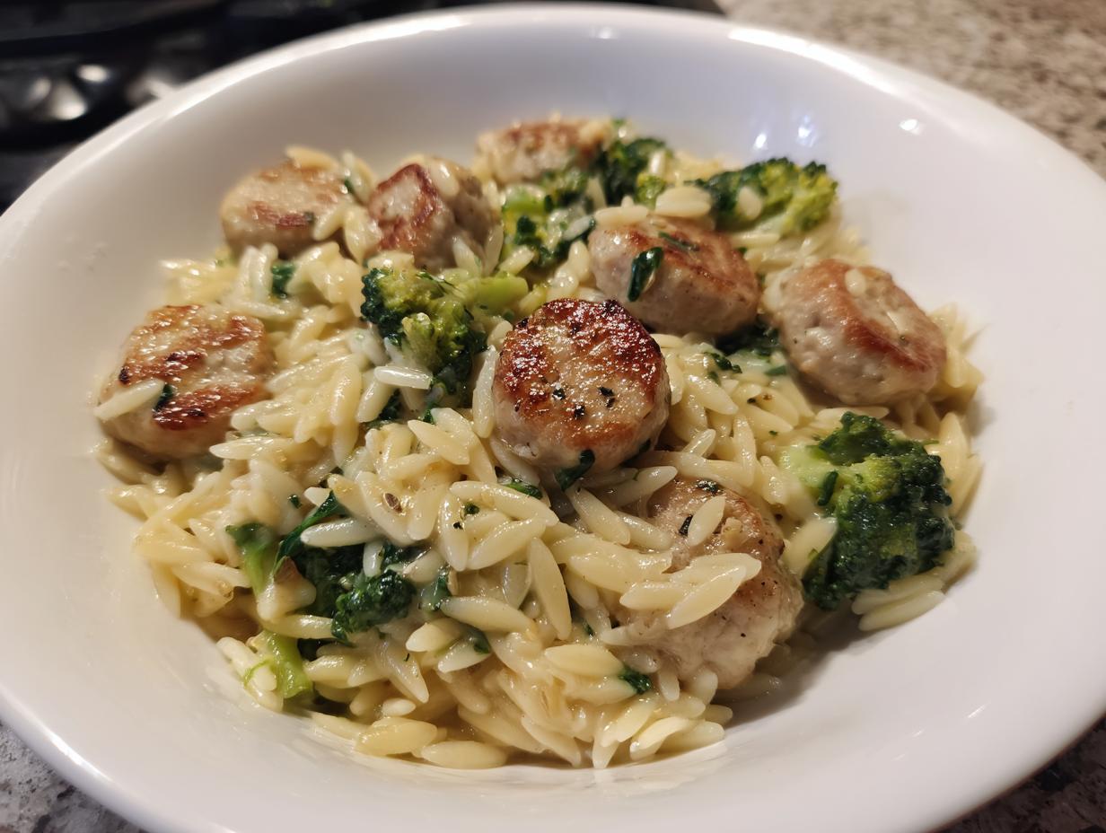 A close-up of a white bowl filled with creamy chicken sausage and broccoli orzo pasta.