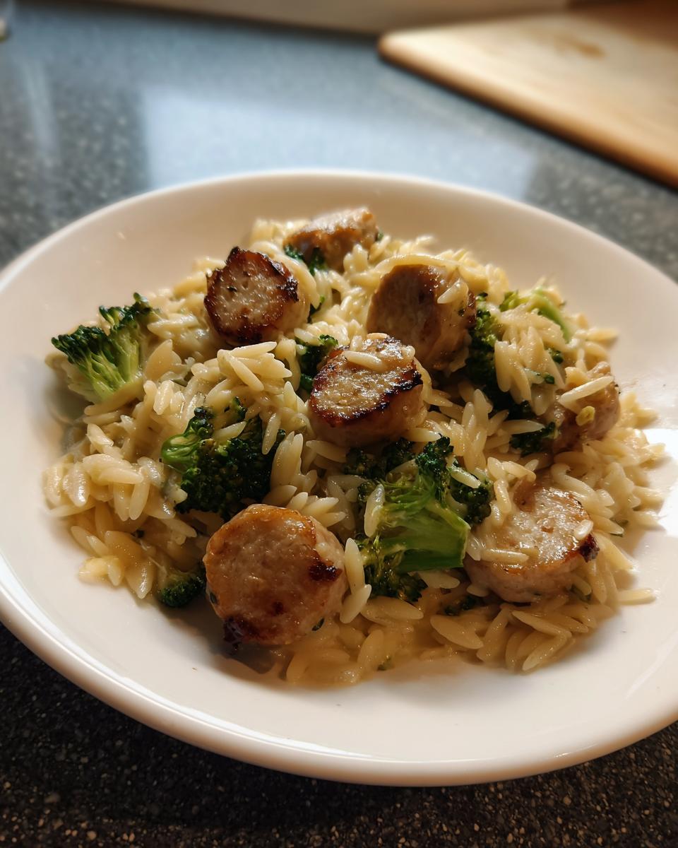 A close-up of a white bowl filled with creamy chicken sausage and broccoli orzo.