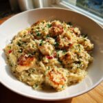 A close-up of creamy chicken scampi with garlic parmesan rice, topped with parsley and cheese.