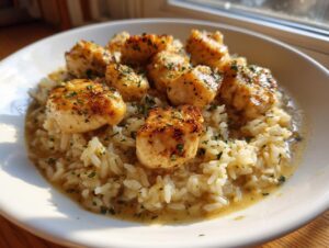 Close-up of seared chicken pieces served over creamy garlic parmesan rice, garnished with parsley.