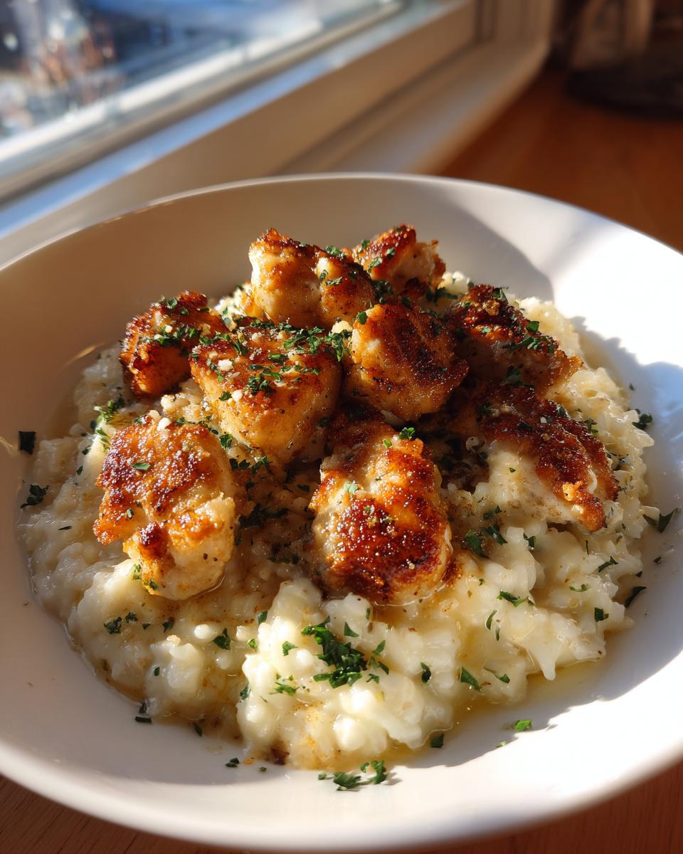 A white bowl filled with creamy garlic parmesan rice topped with golden-brown pieces of chicken scampi and fresh parsley.