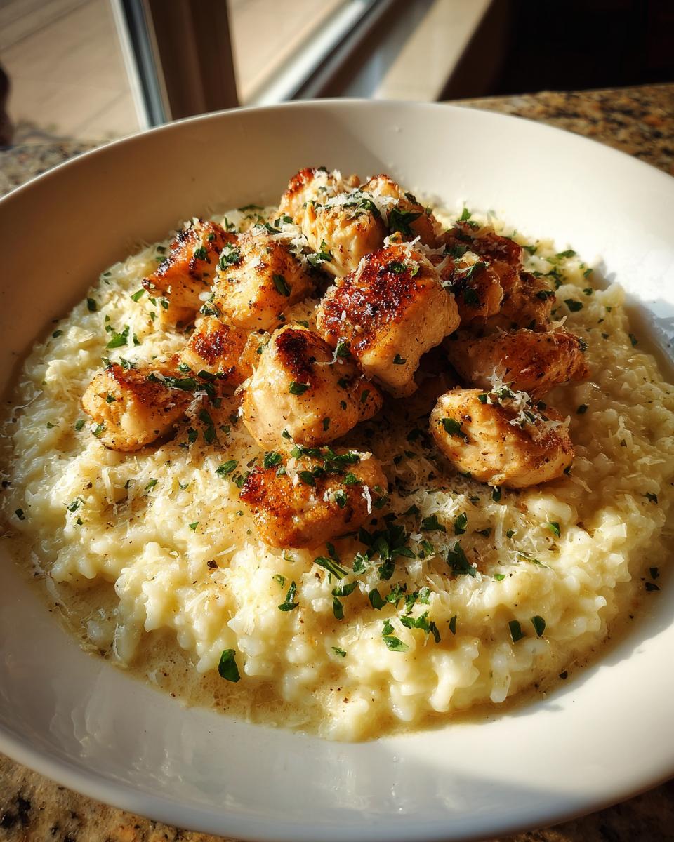 Close-up of golden seared chicken pieces served over creamy garlic parmesan rice, garnished with parsley.