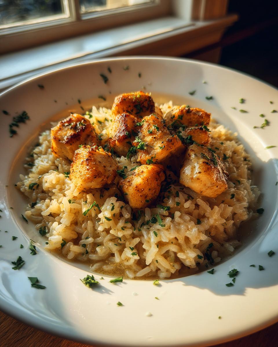 Close-up of golden seared chicken pieces served over creamy garlic parmesan rice, garnished with parsley.