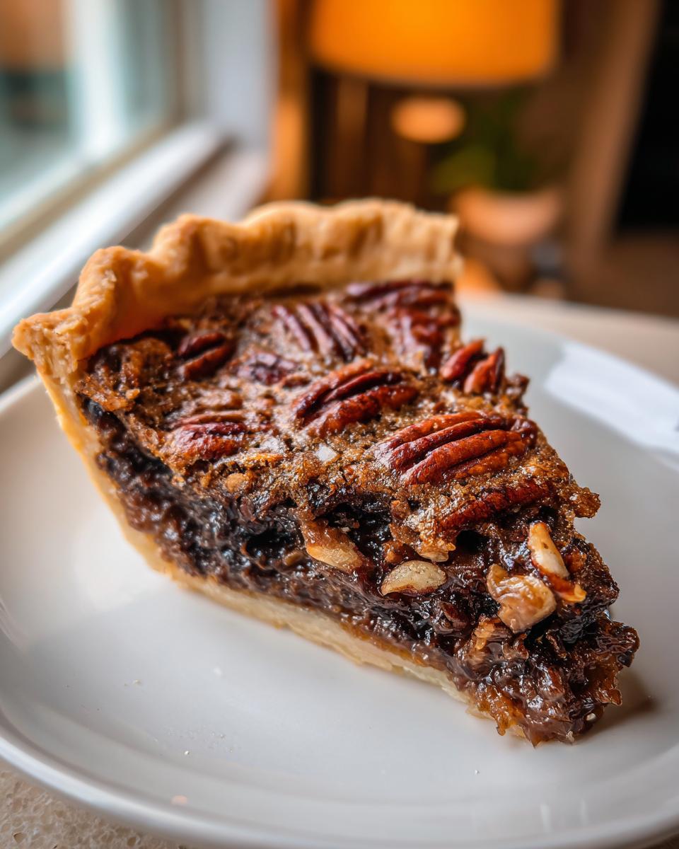 A close-up of a rich slice of chocolate bourbon pecan pie sitting on a white plate, showing the flaky crust and glossy filling.